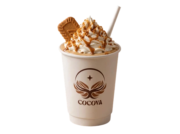 A Cocova Lotus Biscoff thick shake in a kraft cup, topped with lotus crumbs and biscuit.