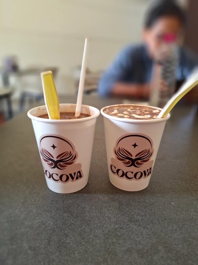 Iced cocoa drink topped with shaved chocolate
